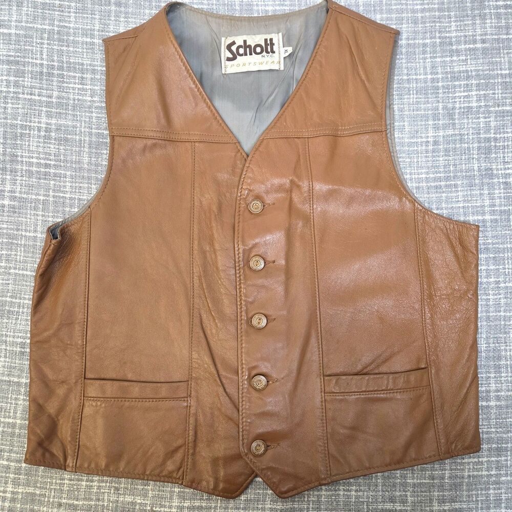 VTG Schott NYC Leather Vest Men's XL Ranchers 5-Button Pockets Caramel